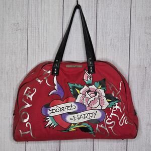 Ed Hardy Love Is Mystery Tote Bag Weekender Vintage Red